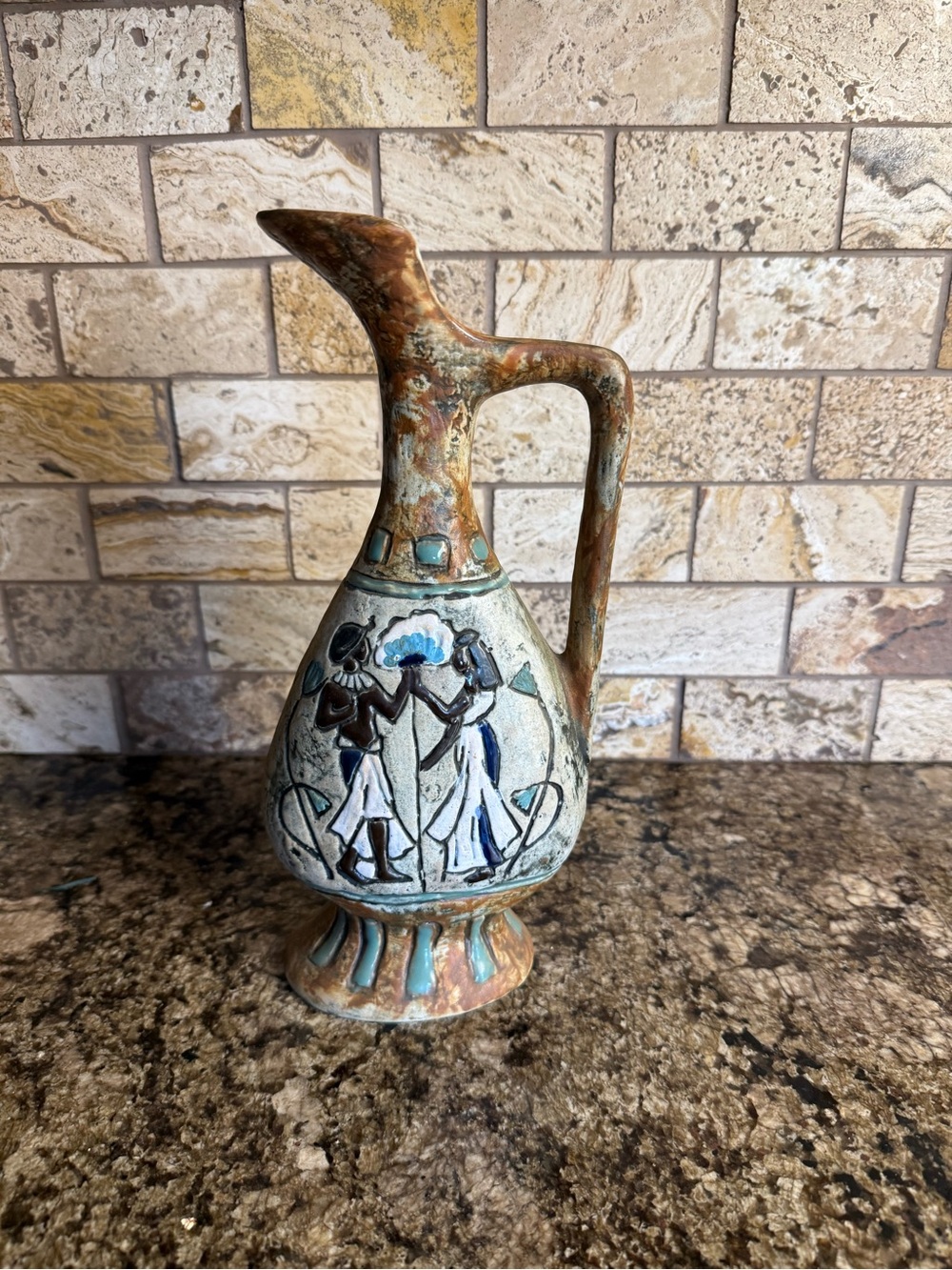 Vintage Cucchi Ceramic Pitcher Made In Italy 10.5” Egyptian-style figural motifs